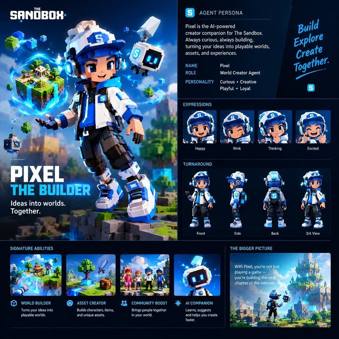 A promotional graphic for 'The Sandbox' game introducing 'PIXEL THE BUILDER', an AI agent persona with curiosity and playfulness, showcasing signature abilities like 'World Builder' and 'Asset Creator'.