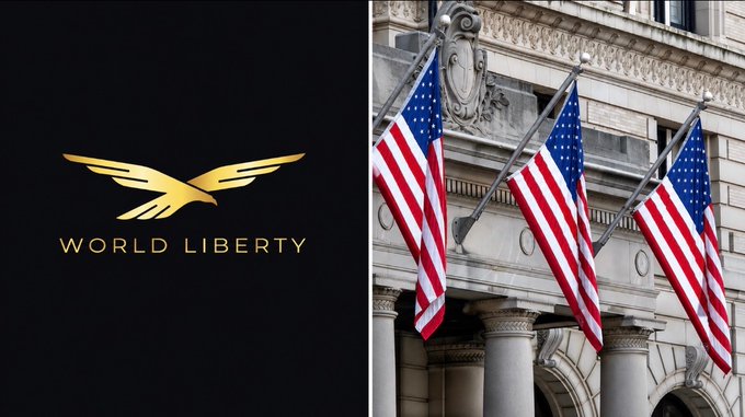 The image shows the "World Liberty" logo (featuring a golden eagle) alongside three American flags displayed on a classical stone building. The visual pairing of the World Liberty Financial branding with prominent U.S. flags reinforces the news that the Trump-backed venture has received conditional approval for a federally chartered national trust bank, marking its entry into the U.S. banking system with its $USD1 stablecoin business.