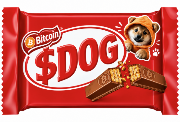 A red candy wrapper labeled 'Bitcoin $DOG' featuring a Shiba Inu dog in an orange hoodie and an image of a broken Bitcoin-themed chocolate bar.