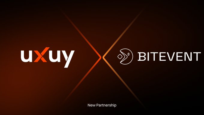 Promotional announcement graphic featuring the "UXUY" and "BITEVENT" logos separated by an orange "X" symbol on a dark gradient background, with "New Partnership" displayed at the bottom, visually representing the collaboration highlighted in the accompanying post about integrating wallet connectivity and on-chain trading experiences.