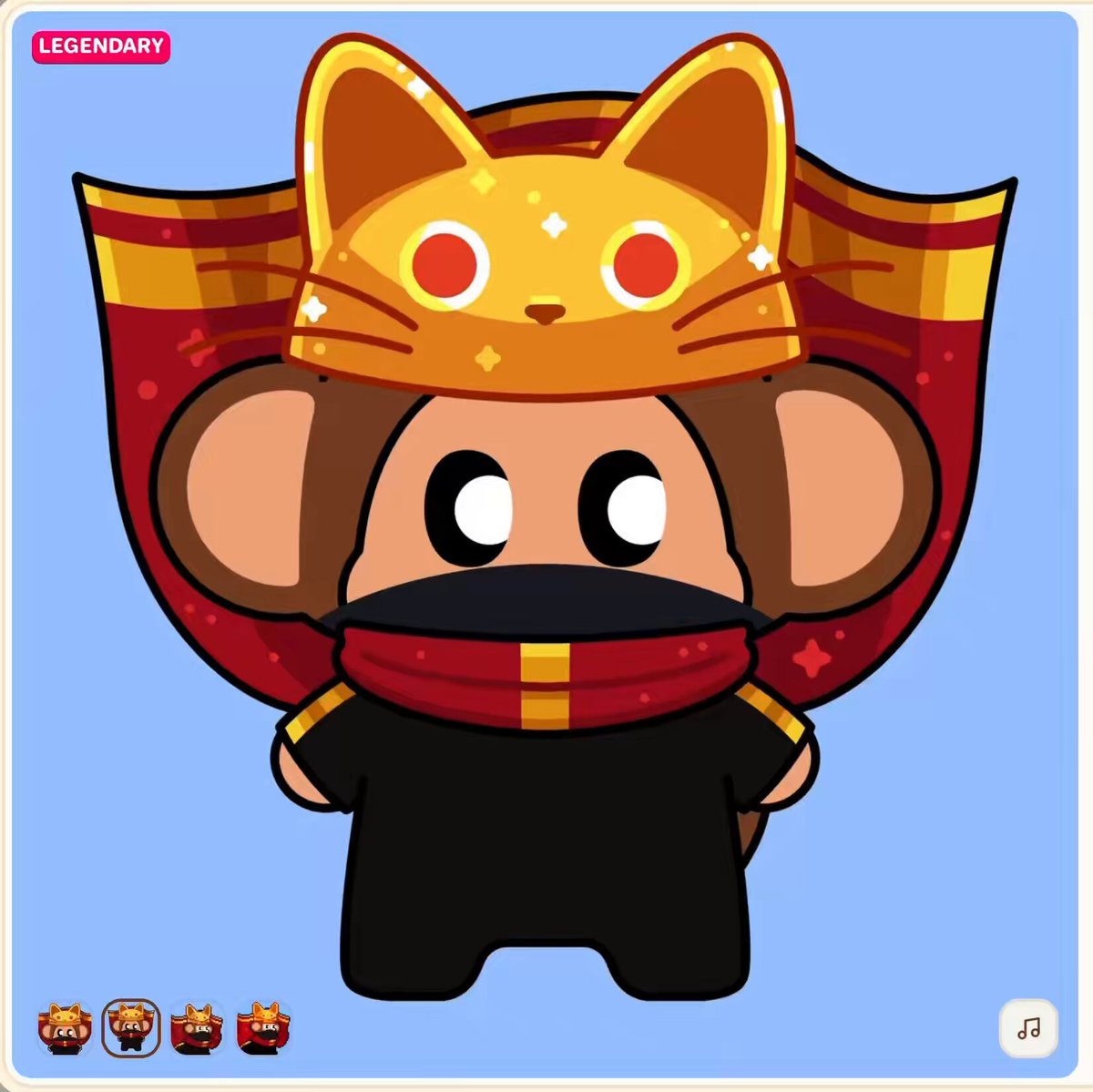 The image features a cartoon character dressed as a monkey with a hat that resembles a cat's head, giving it a unique and whimsical appearance. The character is standing against a blue background, which contrasts nicely with its outfit. There are several other characters in the image, including one wearing a red scarf and another holding a gold object.