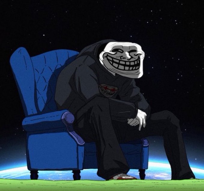 An animated illustration of a figure wearing a black hoodie and a Trollface meme mask, sitting in a blue armchair against a starry space background with Earth visible below.