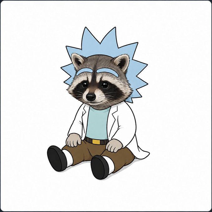 A cartoon illustration of a raccoon dressed as Rick Sanchez from the show Rick and Morty, wearing a white lab coat and displaying the character's iconic spiky blue hair.