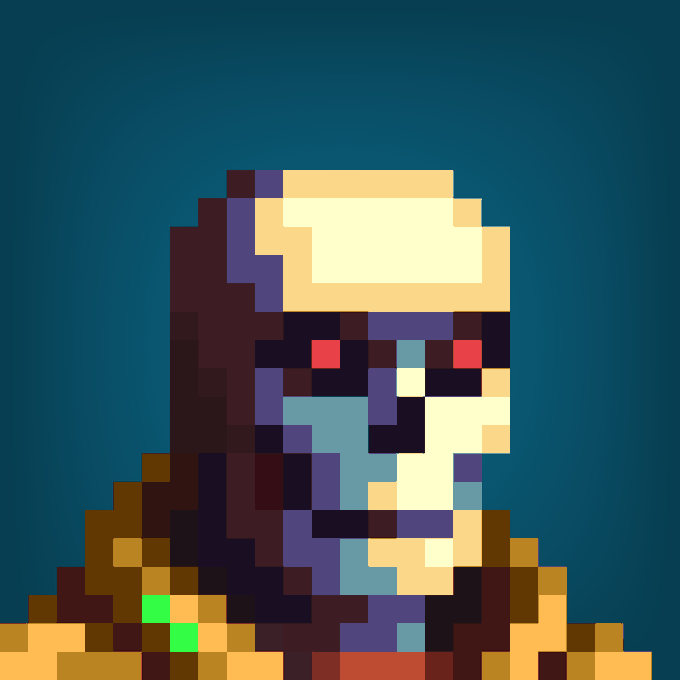 A pixel art portrait of a hooded figure with a skull-like face and red eyes against a dark teal background.