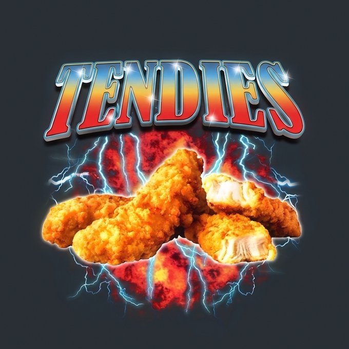The image features the bold "TENDIES" logo in red, yellow, and blue gradient text above crispy fried chicken tenders surrounded by explosive lightning and fiery bursts. The design visually represents the post's message, equating "tendies" (a slang term for profits in trading culture) with the popular food item chicken tenders amid a dramatic, high-energy backdrop.