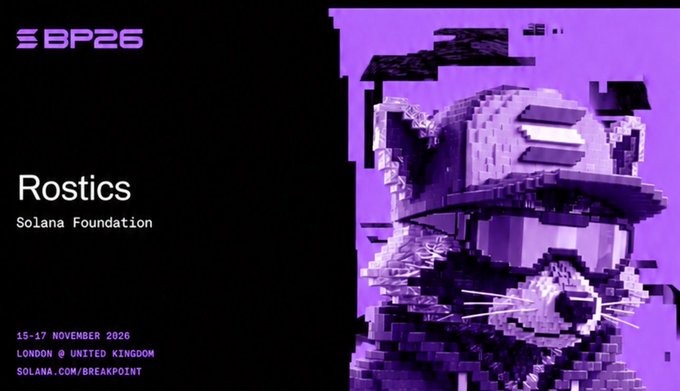 Promotional banner for Solana Breakpoint 2026 (BP26), featuring speaker Rostics from the Solana Foundation, taking place 15-17 November 2026 in London, with a purple pixel-art otter wearing a VR headset.