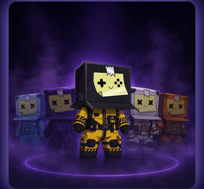 Digital artwork features a central character with a retro gaming console for a head, wearing a yellow hazmat suit, surrounded by other similar characters in blue, white, and orange against a purple smoky background.