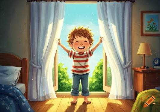 The image features a young boy standing in front of an open window, smiling brightly as he looks out at the world outside. He has his arms raised high above his head, conveying a sense of joy and excitement. The room appears to be a bedroom with a bed visible on one side, suggesting that this scene takes place within a home environment.

The image also includes text that reads "Good morning & Happy Monday" and "@wallchain", which could potentially be related to the post about Mindshare or another social media platform. These elements contribute to creating an atmosphere of positivity and engagement with the content shared on the platform.