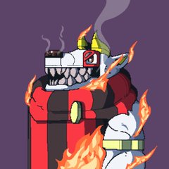 An illustration of a red and black robot-like character engulfed in flames, featuring a large toothy mouth, one red glowing eye, and exhaust pipes on top.