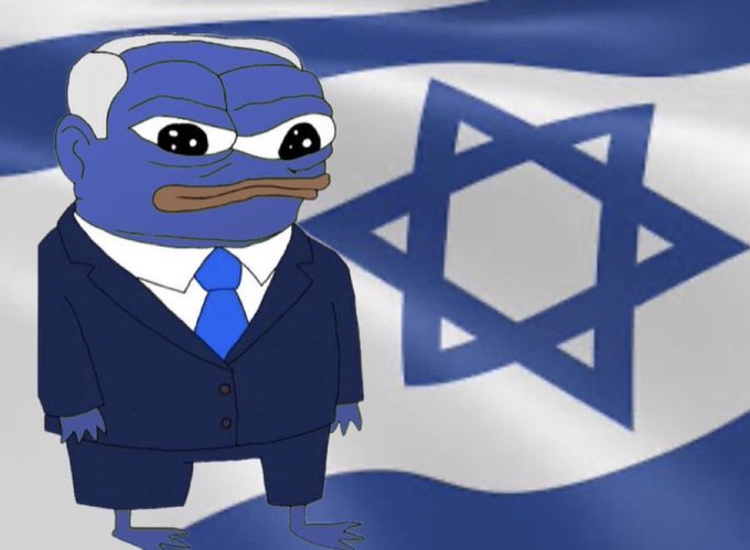 A cartoon parody of a Pepe the Frog character depicted as an older man in a dark blue suit and tie, standing in front of an Israeli flag with the Star of David.