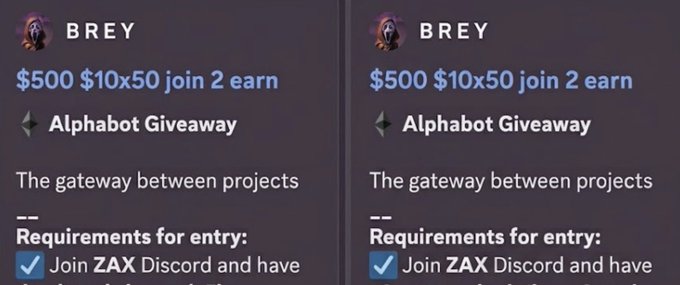 A side-by-side image shows BREY’s Alphabot Giveaway Discord announcement, advertising “$500 $10x50 join 2 earn” and requiring users to join the ZAX Discord. It relates to the accompanying post about a live $1,000 giveaway for active @ZaxWeb3 Discord members.