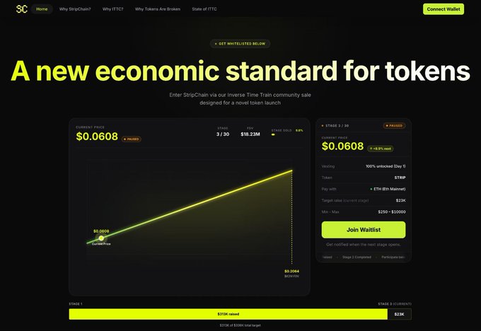 The image displays the StripChain website, which is introducing "A new economic standard for tokens" through its Inverse Time Train community sale. The website highlights key information like the current price of $0.0608 for the STRIP token and a fundraising progress bar, aligning with the post's message about improving token launch economics.