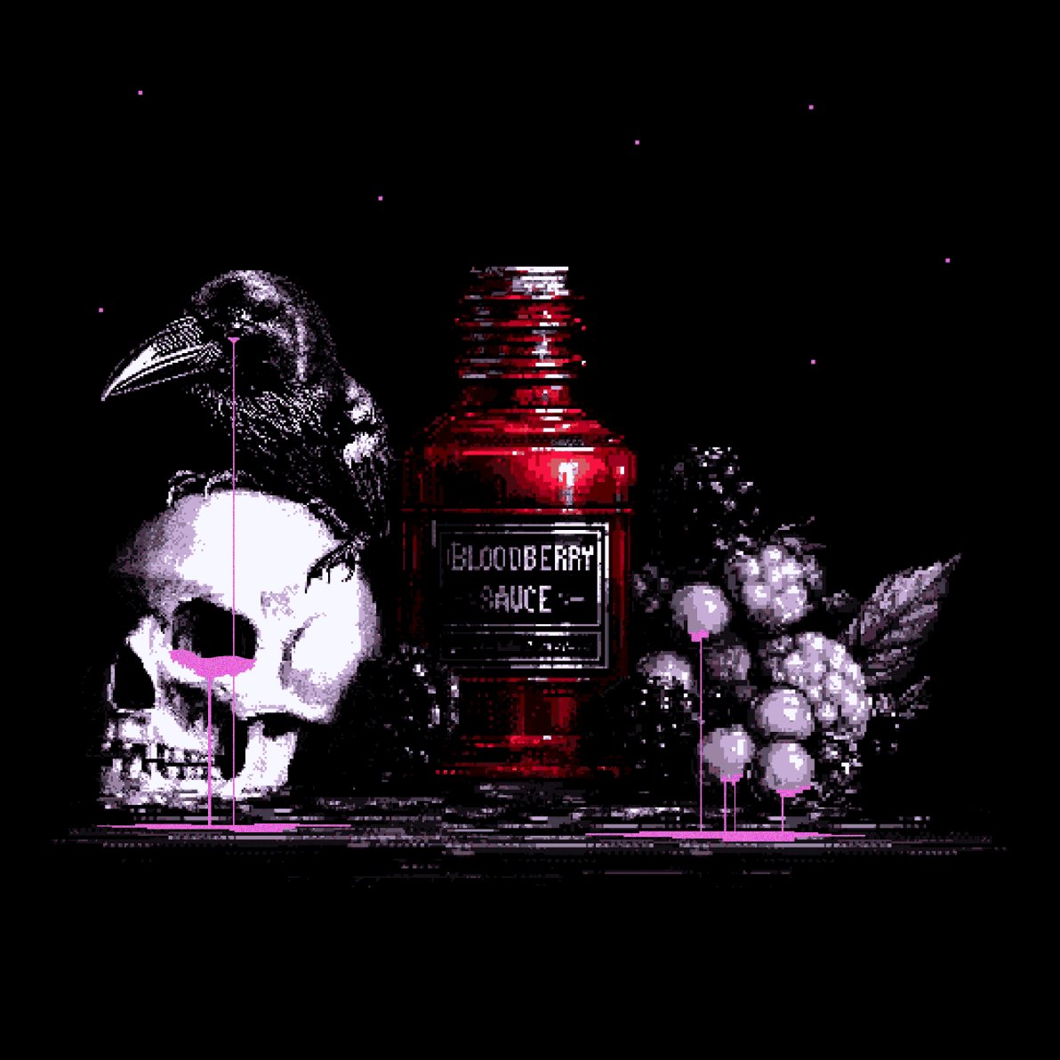 The image features a skull, a bottle of blood berry sauce, and some berries. There are also two birds present in the scene - one perched on top of the bottle and another sitting on the ground near the berries. The caption reads "Use it or weth it", which could be interpreted as a warning about using the blood berry sauce without knowing its properties first.

The image is predominantly black and white, with some pink elements adding contrast to certain areas. The skull is positioned in the top left corner of the frame, while the birds are located on opposite sides - one near the bottle and another closer to the berries.
