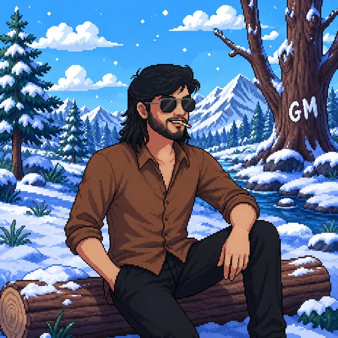 The image features a man sitting on a log, wearing sunglasses and holding his hands together while looking at the camera. The background of the image shows snow-covered trees and mountains under a blue sky with clouds. The caption for this image reads "Good morning gQuack A new week is another opportunity to build momentum inside @wallchain The strongest growth rarely comes from a single post or a single day. It comes from showing up consistently and adding value over time. Share meaningful discussions".