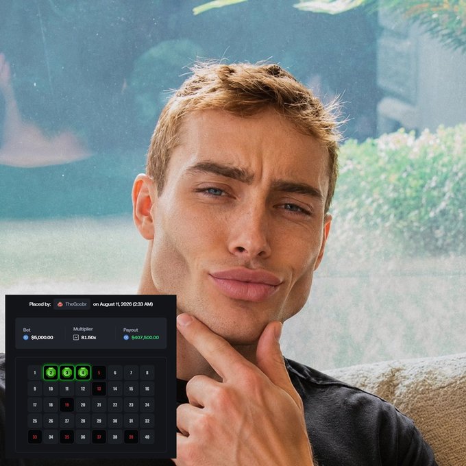 A young man with short brown hair poses for a photo while a betting interface overlay shows a placed bet by 'TheGoobe' on August 11, 2026, with a bet of 58,000.00, multiplier of 81.50x, and payout of $407,500.00, featuring green numbers 1, 2, and 3 highlighted.
