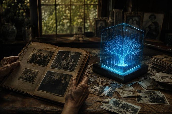 An artistic image showing hands holding open an old photo album next to a glowing blue holographic tree inside a glass case, with scattered vintage photographs on a wooden table.