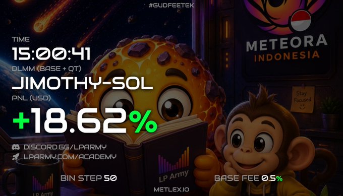 A colorful cryptocurrency dashboard displays trading metrics for "JIMOTHY-SOL" with a PNL of +18.62%, featuring cartoon cookie and monkey mascots, alongside branding for METEOSIA Indonesia and LP Army.