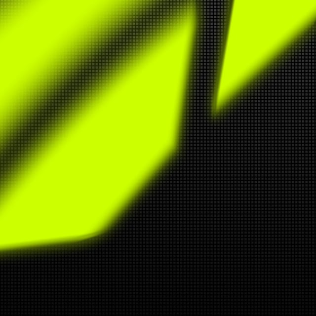 A close-up of a pixelated, bright yellow-green glowing triangular logo on a dark mesh background.