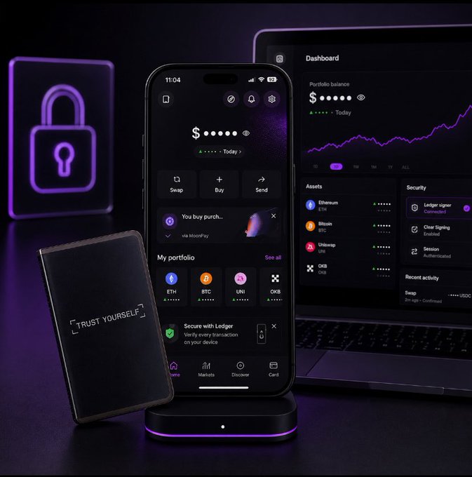 A Ledger crypto hardware wallet and smartphone displaying a cryptocurrency portfolio app with ETH, BTC, UNI, and OKB, alongside a laptop showing a dashboard with assets and security settings.
