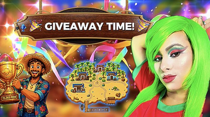 A vibrant 'GIVEAWAY TIME!' promotional graphic featuring a cartoon farmer holding a 15,000 RON trophy, a farm map, and a cosplayer with bright green hair.