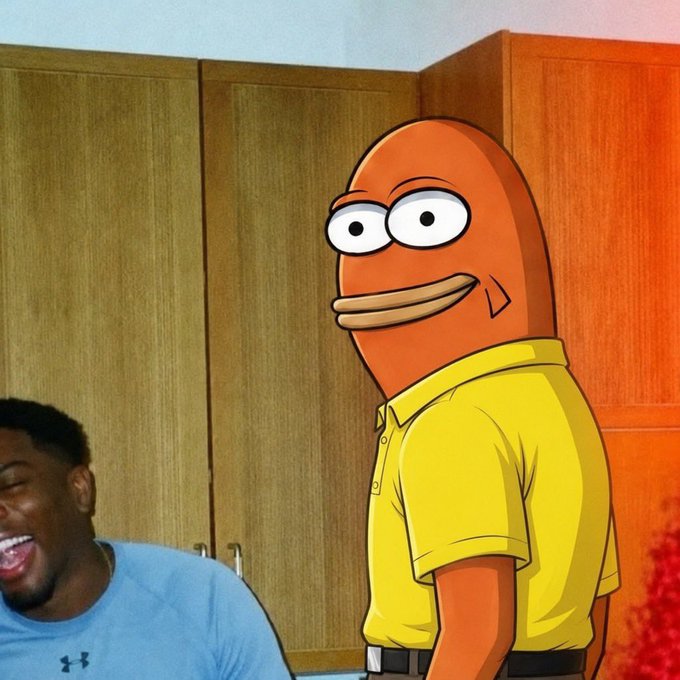 An edited photo shows a cartoon hot dog character in a yellow polo shirt superimposed into a real-life scene next to a laughing young man in a blue shirt.