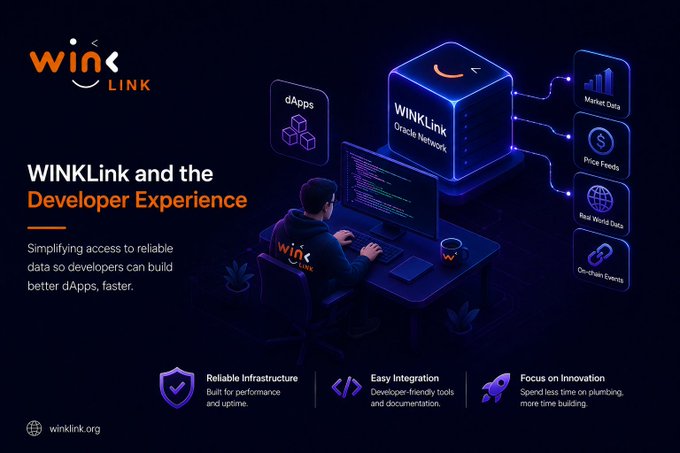 A promotional graphic for WinkLink Oracle Network with the headline "WINKLink and the Developer Experience," featuring an isometric illustration of a developer working at a desk connected to a central WinkLink cube that branches out to dApps, Market Data, Price Feeds, Real World Data, and On-chain Events. Below, three key benefits are highlighted: Reliable Infrastructure, Easy Integration, and Focus on Innovation, aligning with the post's message about WinkLink simplifying oracle connections to help create better dApps faster.
