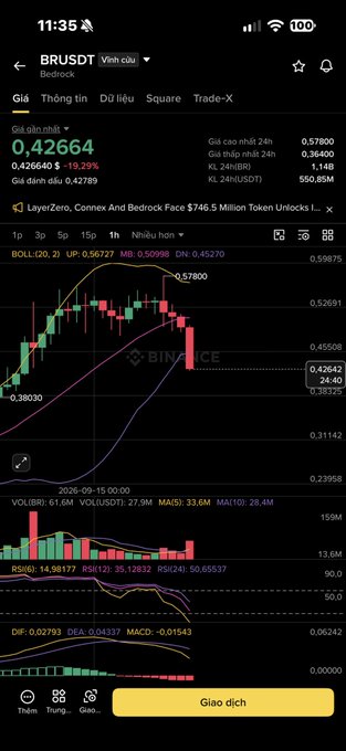 A Binance trading chart for BRUSDST (Bedrock) showing a price of 0.4264, down 19.29%, on a phone screen.