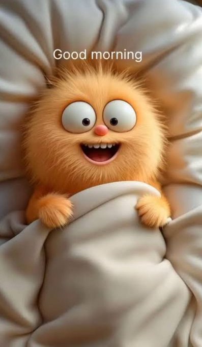 A fluffy orange cartoon character with big eyes and a wide smile peeks out from cozy white blankets, with the text "Good morning" above it—fitting perfectly with the cheerful "GM WEB 3" greeting.