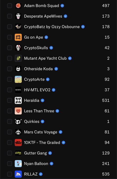 A dark-themed list of NFT collections with checkboxes, including Adam Bomb Squad (497), Desperate ApeWives (173), CryptoBatz by Ozzy Osbourne (178), Gs on Ape (15), CryptoSkulls (42), Mutant Ape Yacht Club (2), Otherside Koda (3), CryptoArte (92), HV-MTL EVO2 (37), Heraldia (531), Less Than Three (61), Quirkies (1), Mars Cats Voyage (81), 10KTF – The Grailed (94), Gutter Gang (129), Nyan Balloon (241), and RILLAZ (535).