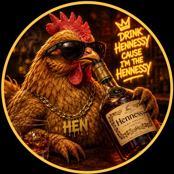 A stylized image of a chicken wearing sunglasses and a gold chain labeled 'HEN', holding a bottle of Hennessy Very Special Cognac, with neon text reading 'DRINK HENNESSY CAUSE I'M THE HENNESSY'.