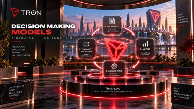 A promotional graphic titled 'TRON DECISION MAKING MODELS - A STRONGER TRON TOGETHER' showing a 4-step circular flow: Proposals, Community Discussion, Voting, and Implementation, set in a futuristic cityscape.