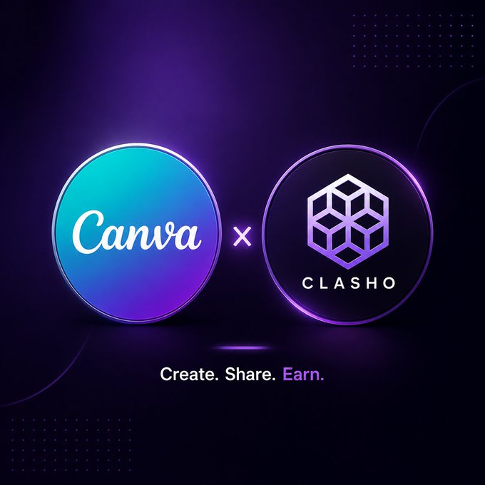 A dark purple graphic displays the Canva logo alongside the Clasho logo with an "×" between them, under the tagline "Create. Share. Earn." The image visually represents the proposed partnership between Canva and Clasho, suggesting creators could design and monetize content through the platform.