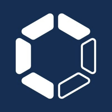 A navy blue logo featuring a hexagonal arrangement of white and outlined geometric shapes.