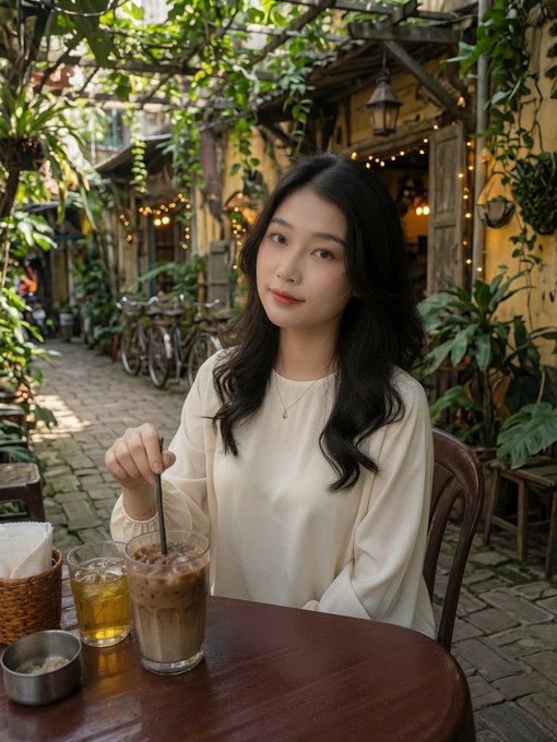 A young woman with long dark hair sits at a wooden table in an outdoor cafe setting, holding a straw in an iced coffee drink, with greenery and traditional decor in the background.
