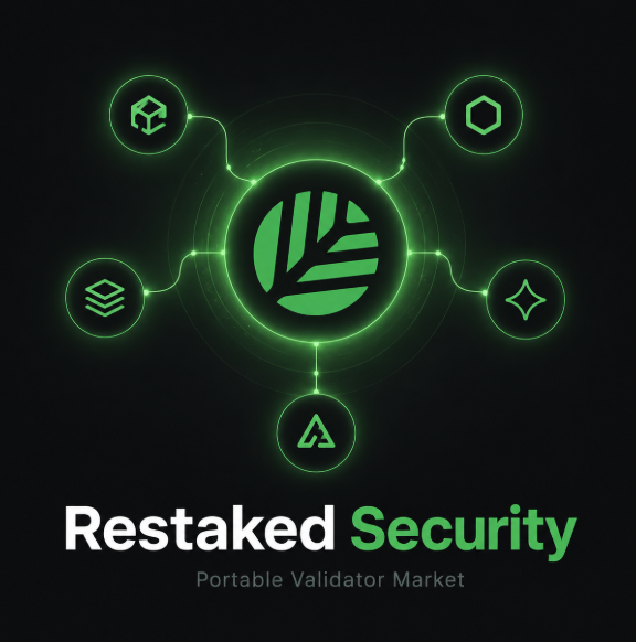 A black graphic features a central glowing green logo connected by lines to five smaller crypto-related icons, with the text "Restaked Security" and "Portable Validator Market" below.