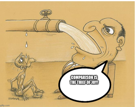A cartoon depicting a wealthy man drinking from a large water pipe while a poor, starving person looks on, with a speech bubble reading 'COMPARISON IS THE THIEF OF JOY!'.