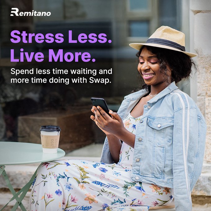 A Remitano advertisement with the tagline "Stress Less. Live More. Spend less time waiting and more time doing with Swap." showing a smiling woman in a denim jacket and sun hat looking at her phone at an outdoor café.