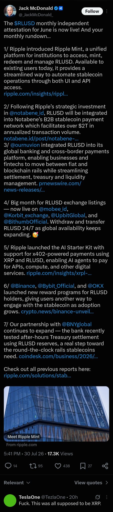 Twitter/X post by Jack McDonald (@_JackMcDonald_) titled 'The $RLUSD monthly independent attestation for June is now live!' detailing Ripple Mint, exchange listings on Mobee, Korbit, Upbit, Bithumb, and partnerships with Notabene, Nuvei, Binance, Bybit, OKX, and BNY.
