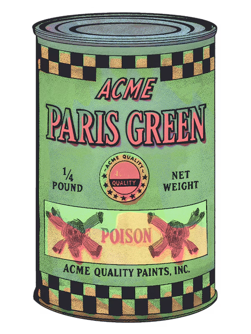 A vintage-style ACME Paris Green poison tin can label, designed to look like a 1/4 pound antique paint container featuring green coloring, checkered borders, and crossed bird imagery with "POISON" warnings, used as NFT artwork by COMPUTERBLOOD and minted by Konstantin.