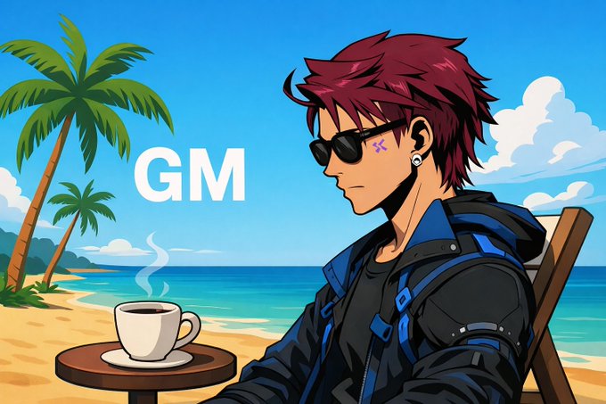 An anime-style character with red hair and sunglasses relaxes at a beachside café with a steaming coffee, accompanied by the text "GM." The laid-back, "good morning" vibe of the image matches the post's casual tone, while the character's quiet confidence mirrors the message about @sleepagotchi letting its steady adoption on Solana Mobile speak for itself without hype.