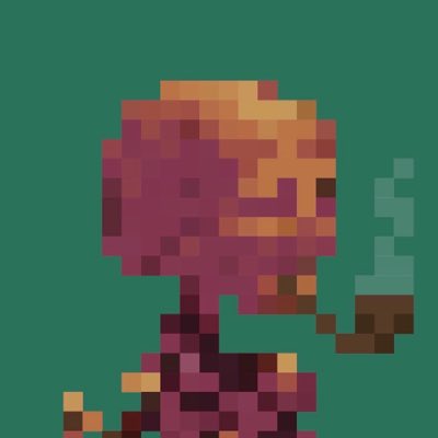 A pixel art sprite of a character in orange and purple armor holding a smoking pipe against a green background.