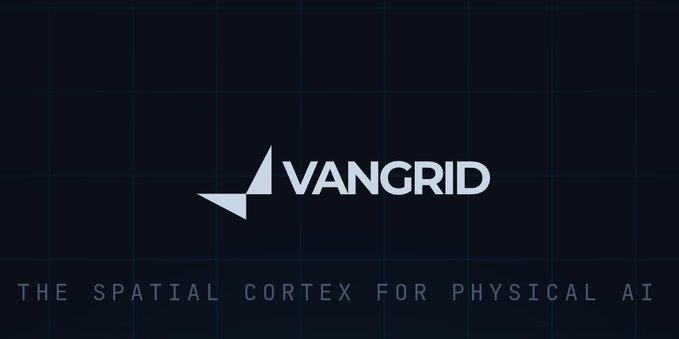 The image displays the VanGrid logo with its tagline "THE SPATIAL CORTEX FOR PHYSICAL AI" on a dark gridded background, visually representing the brand featured in the post about blockchain-anchored spatial data fingerprints.