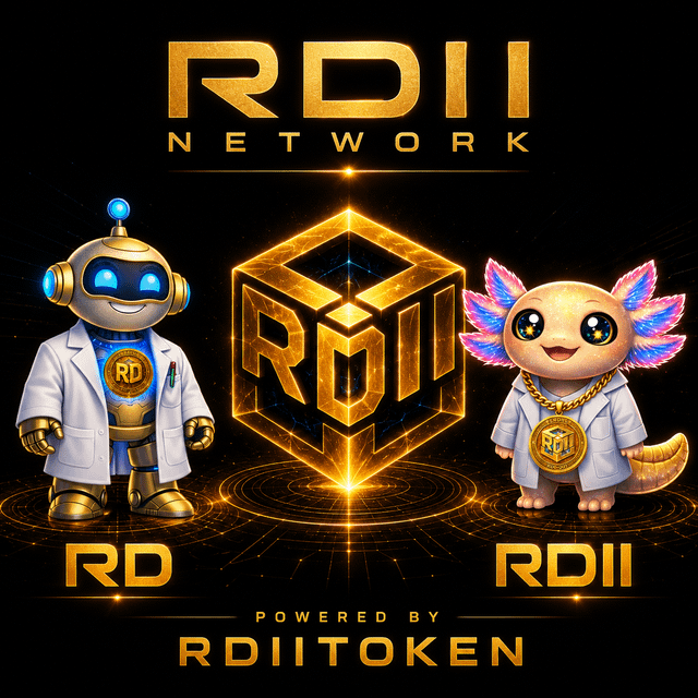 The image features two cartoon characters, one robot and one goldfish, standing next to each other against a black background with gold accents. The text "RDII" is written above them, which could be related to the Solana cryptocurrency or the RDI token. Below the characters, there's some text that reads "powered by RDii tokens". This suggests that the image might be promoting the RDII token or the Solana cryptocurrency in a fun and engaging way.
