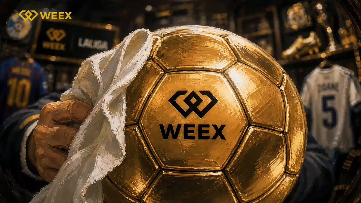 The image features a gold soccer ball with the word "WEEX" written on it, which suggests that the ball might be sponsored by WEEX. The background of the image shows various soccer jerseys hanging up, indicating that this could be related to a sports event or a soccer team's merchandise sale.