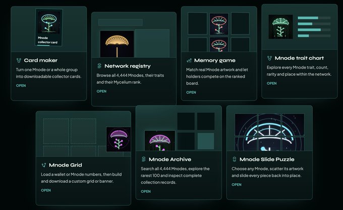 An interface showing seven Mnode-related applications including 'Card maker', 'Network registry', 'Mnode game', 'Mnode trait chart', 'Mnode Grid', 'Mnode Archive', and 'Mnode Slide Puzzle'.