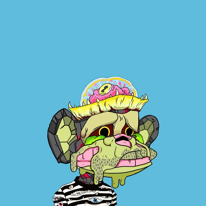 A colorful cartoon illustration of a green, troll-like creature with large eyes, a brain exposed in an open head, and striped clothing holding a gun, set against a light blue background.