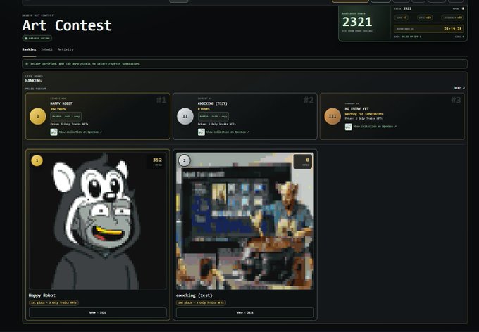An "Art Contest" leaderboard displays rankings with entries labeled "HAPPY ROBOT" (#1), "COOKING (TEST)" (#2), and "My NFT 13" (#3), each showing prize NFTs and vote counts (1,211 and 352 visible). The page shows the top three winners with thumbnail previews of their artworks against a dark theme, illustrating the NFT prizes mentioned in the announcement (First place: NFTs, Second place: 3 NFTs, Third place: 1 NFT).