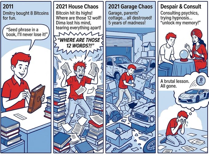 The image features a series of comic strips depicting various scenarios related to cryptocurrency. The first strip shows a man sitting at a desk with stacks of books around him, while another strip depicts a man standing next to a car filled with Bitcoin transactions. The third strip portrays a man in a red shirt holding a book and looking down at it. These illustrations are part of a larger post that explains the story behind each comic strip, which includes the following sentences: "Focus on what is in the image and how it relates to the post."