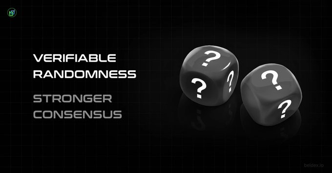 A black promotional graphic for Beldex featuring two black dice with white question marks, accompanied by the text 'VERIFIABLE RANDOMNESS, STRONGER CONSENSUS' and the 'beldex.io' logo.
