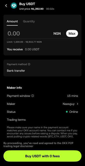 A mobile screenshot of a 'Buy USDT' P2P trading interface showing a unit price of ₦1,392.90, bank transfer payment method, and a 15-minute payment window for the online maker 'Nasgguy'.